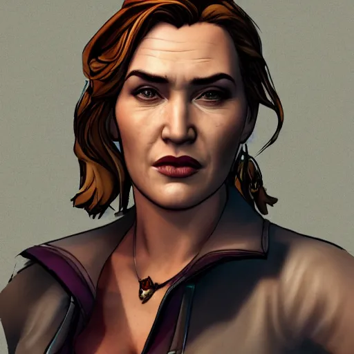 Image similar to kate winslet portrait, borderlands, tales from the borderlands, the wolf among us, comic, cinematic lighting, studio quality, 8 k