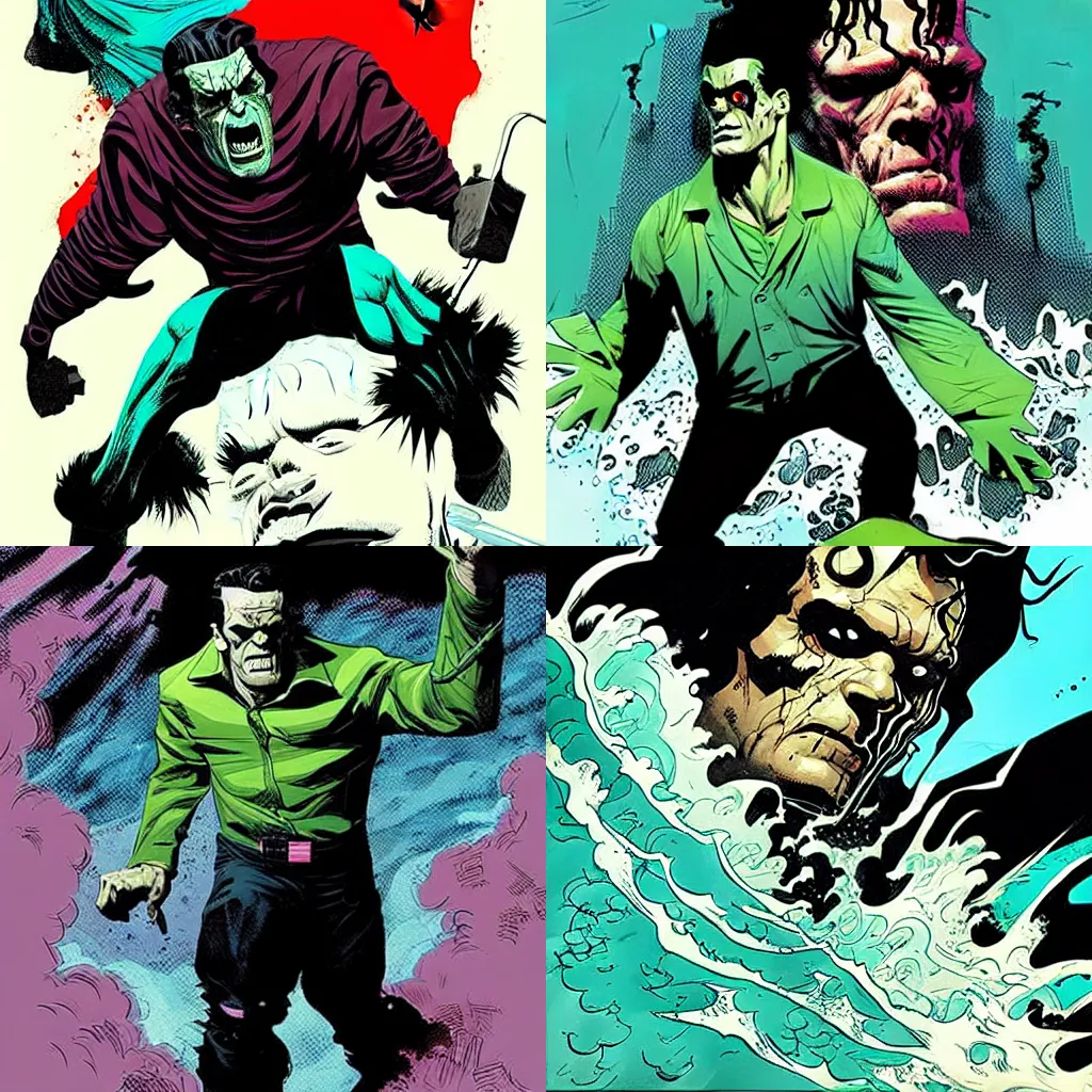 Prompt: style of Rafael Albuquerque comic art, Frankenstein wearing a Hawaiian shirt surging big waves, fun, spooky, action pose