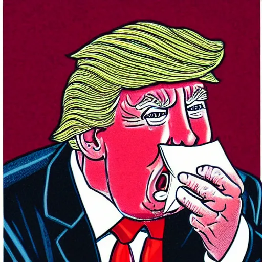 Prompt: close - up portrait of donald trump eating paper, by robert crumb