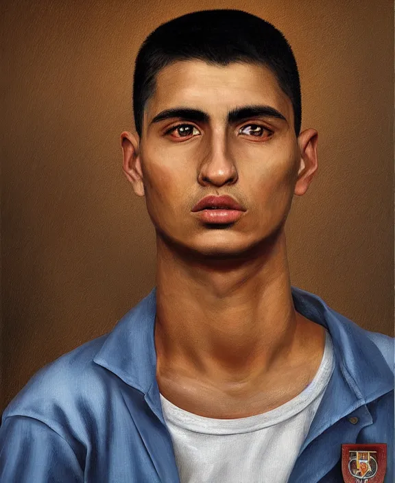 Image similar to heroic portrait of a handsome young mexican prisoner art by denys tsiperko and bogdan rezunenko, hyperrealism