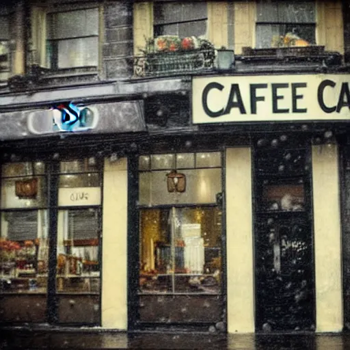 Prompt: cafe in a rainy victorian city, photograph