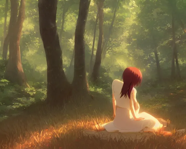 Image similar to a girl with two wings on her back in a forest. By Makoto Shinkai, trending on ArtStation, digital art.