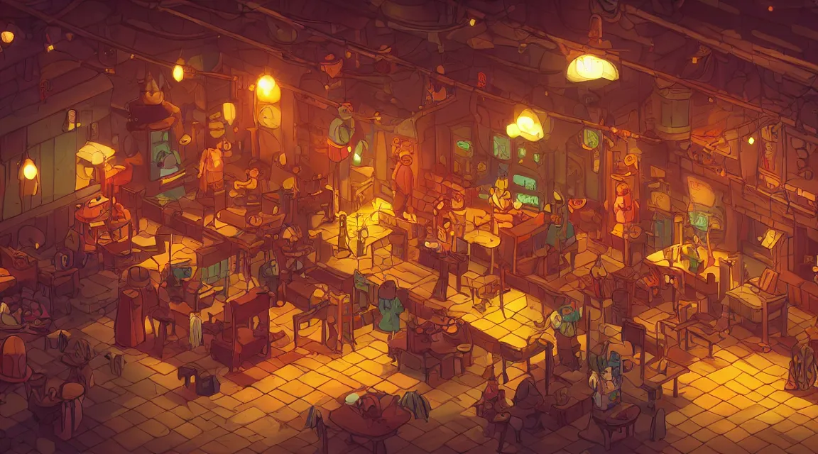 Image similar to A multidimensional cozy tavern, retro video game vibe, cinematic lighting, epic composition, cartoon, animation, background art, post processing, 8K resolution