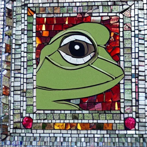 Prompt: pepe the frog church tinted windows mosaic Christian ultra decor flamboyant luxurious