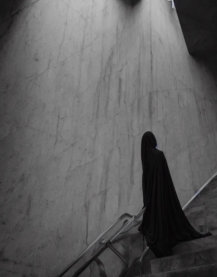 Image similar to a figure shrouded in a long trailing dark grey opaque gown, descending a giant marble staircase in a dark room, photorealism, hyperrealism, harsh lighting, dramatic lighting, medium shot, serious, gloomy, foreboding, cinematic