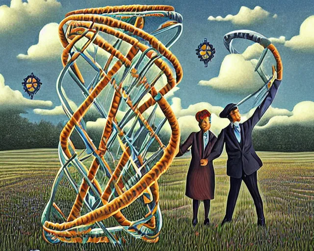 Image similar to in a field, two scientists in lab coats encounter a monster shaped like the DNA double helix, stormy weather, by Rob Gonsalves