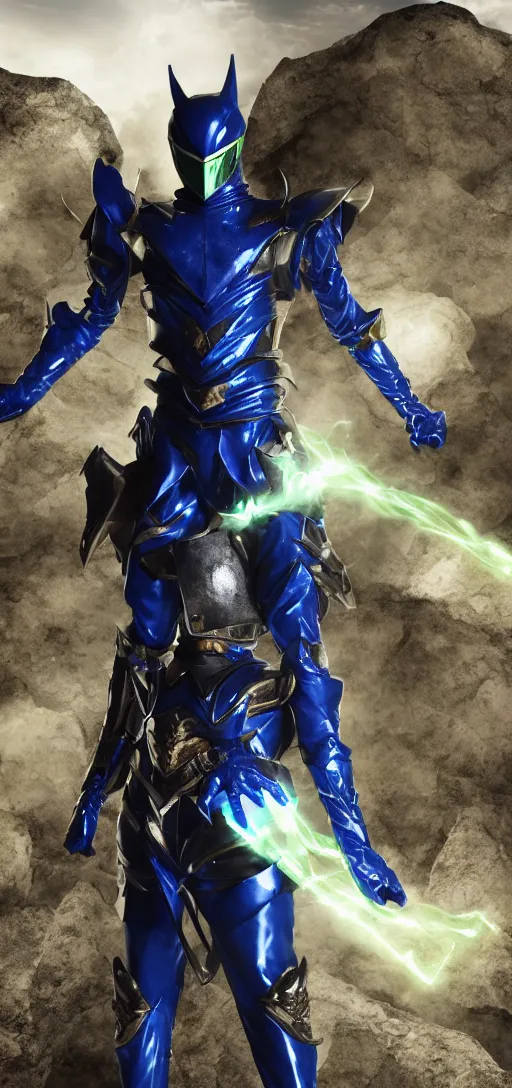 Image similar to High Fantasy Kamen Rider standing in a rock quarry, full body, 4k, glowing eyes, daytime, rubber suit, dark blue segmented armor, dragon inspired armor, centered