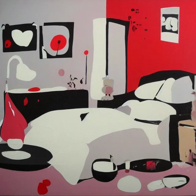 Image similar to bedroom room with black walls and a futon, sensual portrait of a woman sleeping, cracked handmade pottery vase, white flowers on the floor, puddle of water, octopus, squashed berries, neo - expressionism, surrealism, acrylic and spray paint and oilstick on canvas