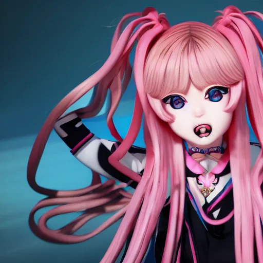 Image similar to unexpectedly overpowered and trapped beneath inescapable and overwhelmingly stunningly absurdly beautiful megalomaniacal omnipotent asi goddess junko enoshima with symmetrical perfect face, porcelain skin, pink twintail hair and cyan eyes, ultra detailed, digital art, unreal engine 5, octane render, 2 d anime, 8 k