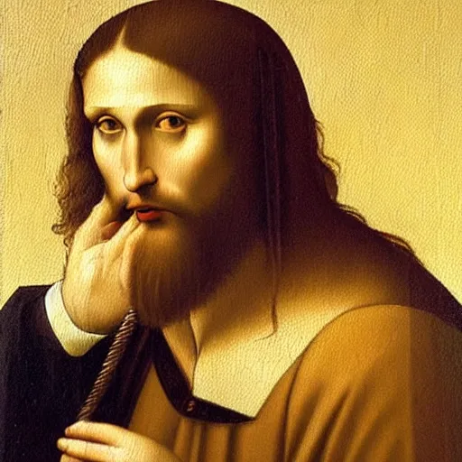 Image similar to white blonde hairy german male making a sales call. oil painting. da vinci. extremely detailed