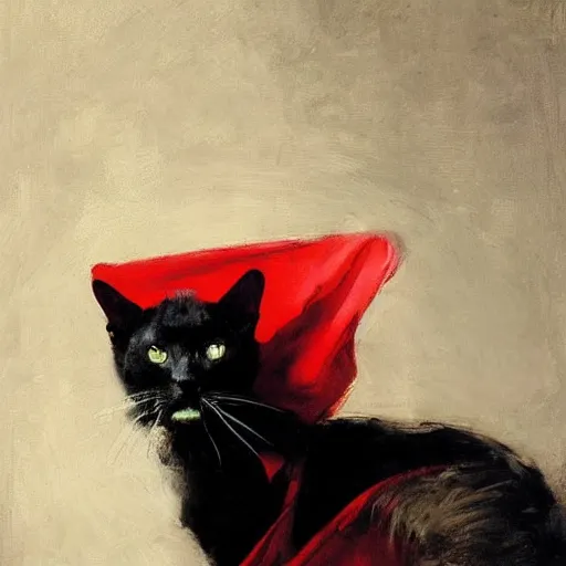 Prompt: portrait of an evil cat wearing a red cape, by jeremy mann, anders zorn.