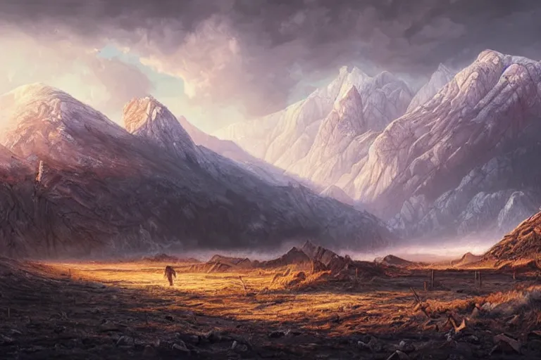 Image similar to landscape painting of destroyed meadows with destroyed mountainrange in background, dystopian wasteland, destroyed nature, apocalypse, winter, fine details, magali villeneuve, artgerm, rutkowski