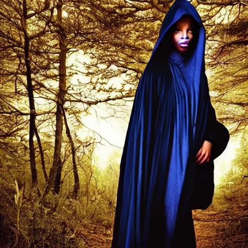 Image similar to cloaked ebony maiden with blue eyes and a beautiful model face in a dark and creepy forest