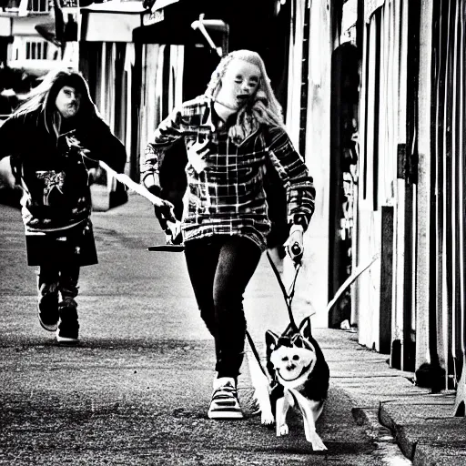 Prompt: ginger mermaid skateboarding skijoring pulled by Huskies and beagles on leash, street photography, gritty alley, sunn day, in candid camera style