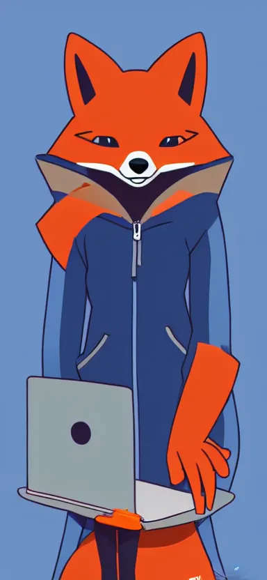 Image similar to a concept art of anthropomorphic fox in a blue hoodie hacking a portable computer, artstation, digital art, oc commission, style by studio trigger