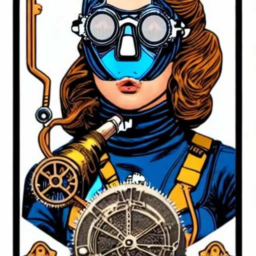 Prompt: a tarot card of a female diver with a oxygen mask intricate clockwork detailed mask with front profile by MARVEL comics and Sandra Chevrier