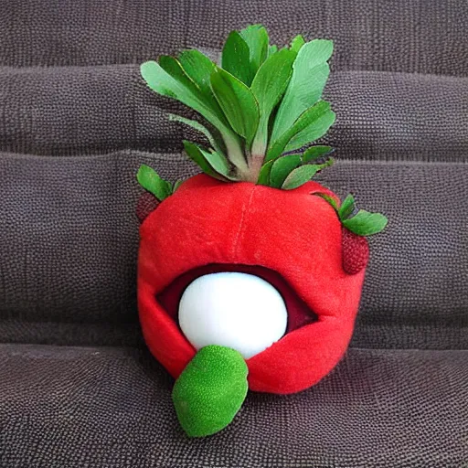 Image similar to adorable strawberry creature with multiple eyes plush toy