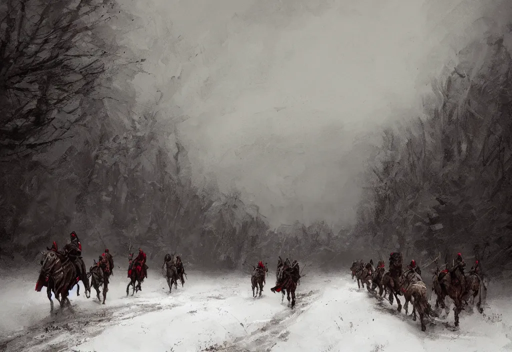 Image similar to medieval knights riding on a deep snowy dirt road towards a castle ruin, artstation, jakub rozalski, high detail