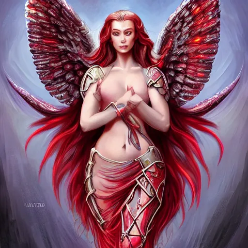 Prompt: woman - unicorn hybrid red angel - wings, stunning, thick armor, full dressed, shocked very wide open eyes very open eyes, realistic, symmetric portrait, face, intricate, very detailed, fantasy digital art, trending in artstation, hildebrandt