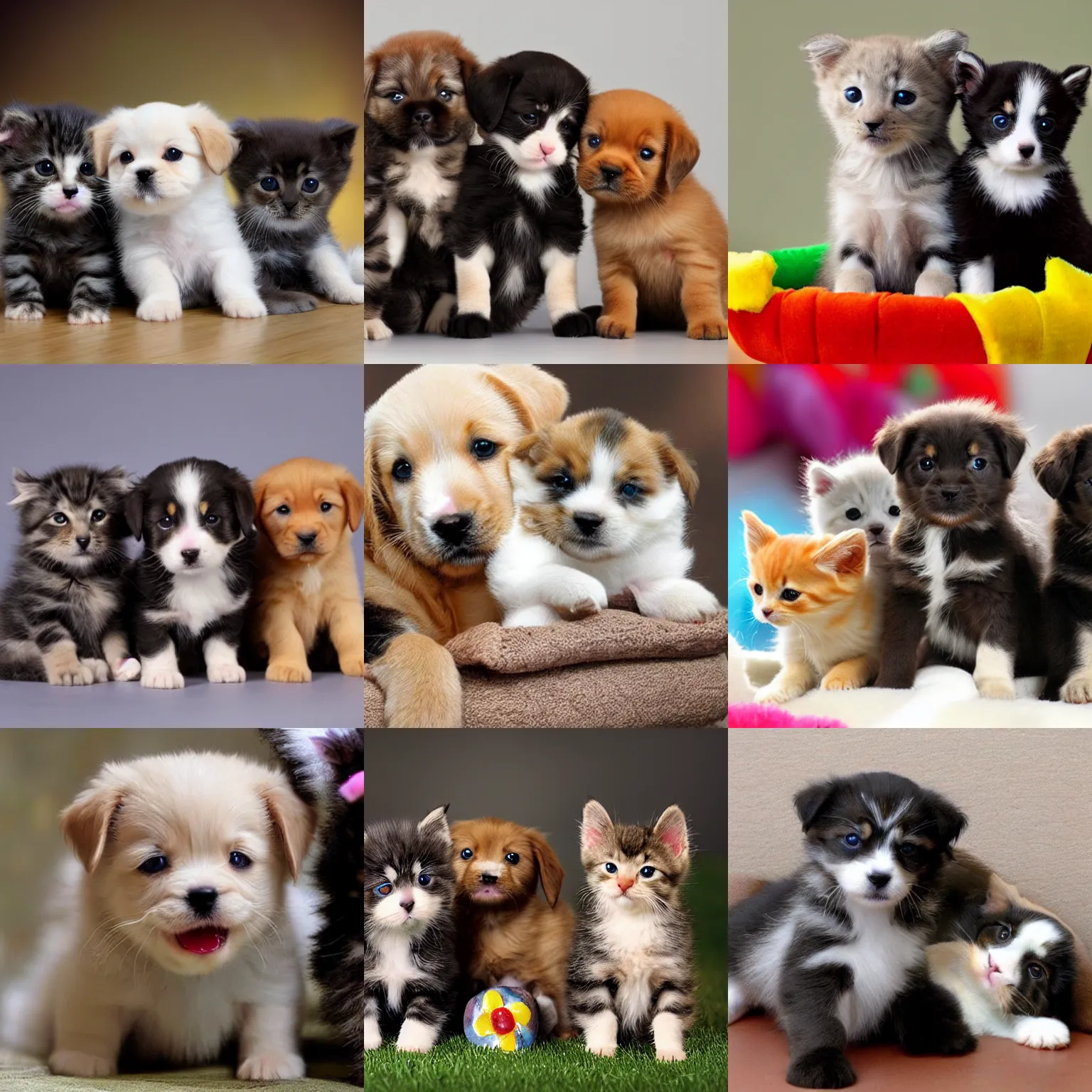 Prompt: puppies and kittens, bright, cheerful, playful