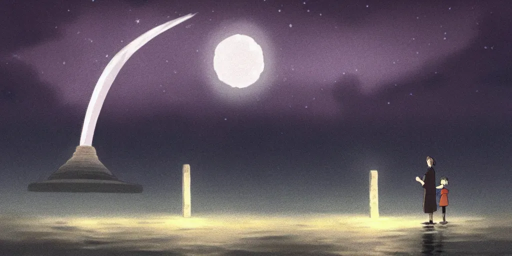 Image similar to a cell - shaded studio ghibli concept art of a giant silver hovering ufo shining a spotlight on a middle eastern merchant in a flooded stonehenge desert on a misty starry night. very dull colors, asymmetrical, hd, 4 k, hq