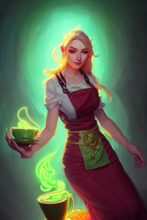 Prompt: detailed character full face portrait of a green apron barista blood elf artgerm greg rutkowski mucha ross tran magical atmosphere neon colors