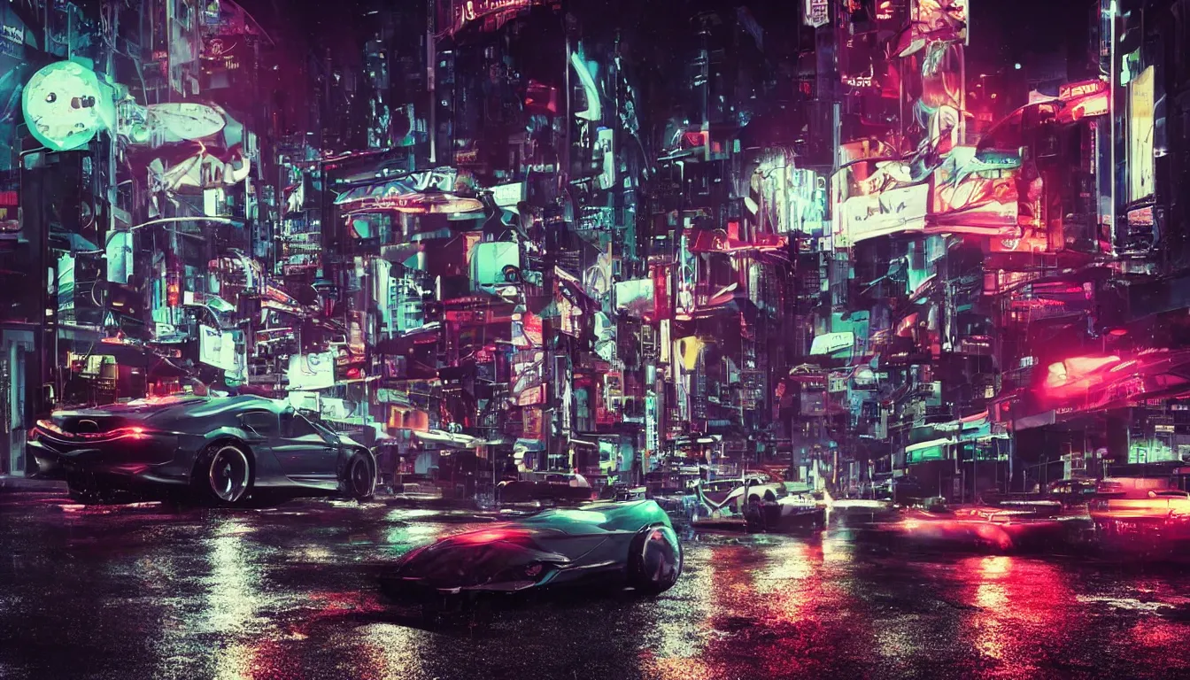 Image similar to real photo, night, rain, modern city street, a futuristic car, synthwave