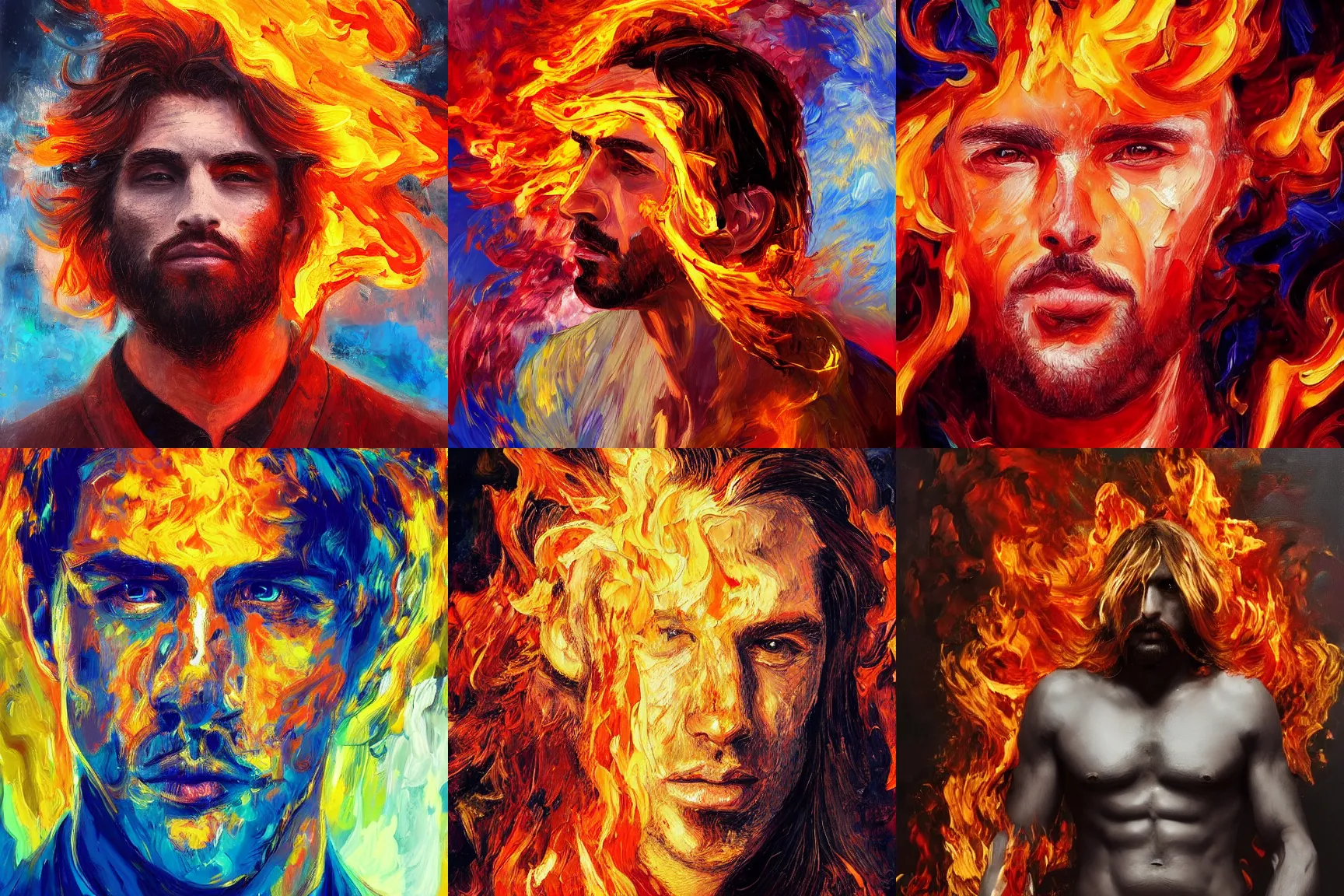 Prompt: A highly detailed 4k abstract painting of man on fire. Handsome. Long hair. portrait. ArtStation. Impressionist
