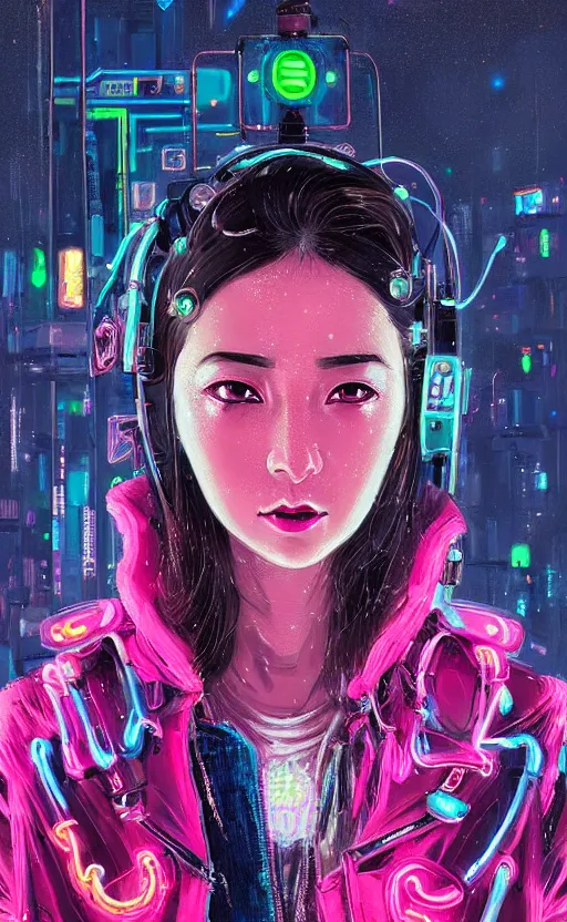 Prompt: detailed portrait petite western brunette woman with small eyes and thick lip Neon Operator girl, cyberpunk futuristic neon, reflective puffy coat, decorated with traditional Japanese ornaments by Ismail inceoglu dragan bibin hans thoma !dream detailed portrait Neon Operator Girl, cyberpunk futuristic neon, reflective puffy coat, decorated with traditional Japanese ornaments by Ismail inceoglu dragan bibin hans thoma greg rutkowski Alexandros Pyromallis Nekro Rene Maritte Illustrated, Perfect face, fine details, realistic shaded, fine-face, pretty face