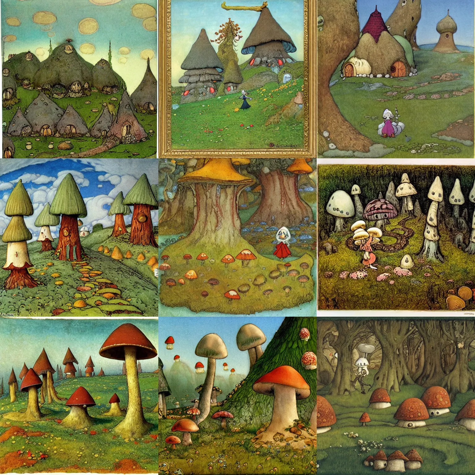 Prompt: generic fairytale landscape with mushroom houses in the style of peyo and alexsandro palombo, a troll creature by John Bauer