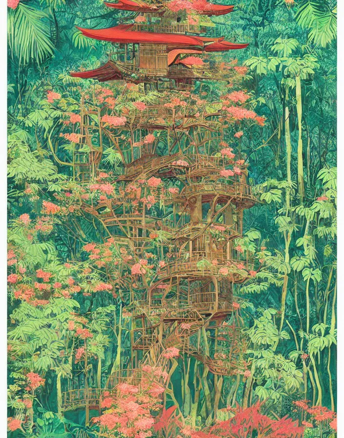 Prompt: floral jungle treehouse, Beautiful vintage Japanese poster, surreal, risograph poster, beautiful colors, deep meaning, Intricate image, moving, Impressionist style, Ghibli art, high detail, dreamy, ethereal