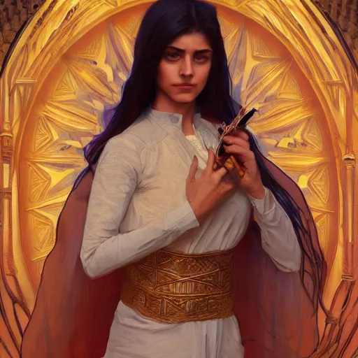 Image similar to A twenty year old Mesopotamian witch in training, in a major Mesopotamian city, highly detailed, digital painting, artstation, concept art, sharp focus, illustration, cinematic lighting, art by artgerm and greg rutkowski and alphonse mucha