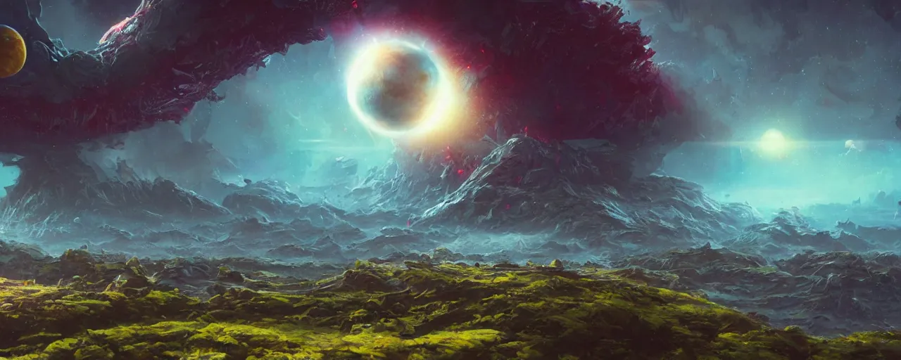 Image similar to ” outer planet landscape, [ cinematic, detailed, epic, widescreen, opening, establishing, mattepainting, photorealistic, realistic textures, octane render, art by paul lehr ] ”