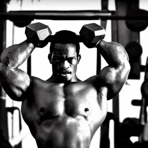 Prompt: black & white epic!!! photograph of super mario in the gym lifting a dumbbell with one hand, very angry!!!!!! face, motivational poster, highly detailed, cinematic lighting, photo, award - winning photograph, professional photograph, dramatic posing, 8 k quality, dramatic rim lighting, high quality