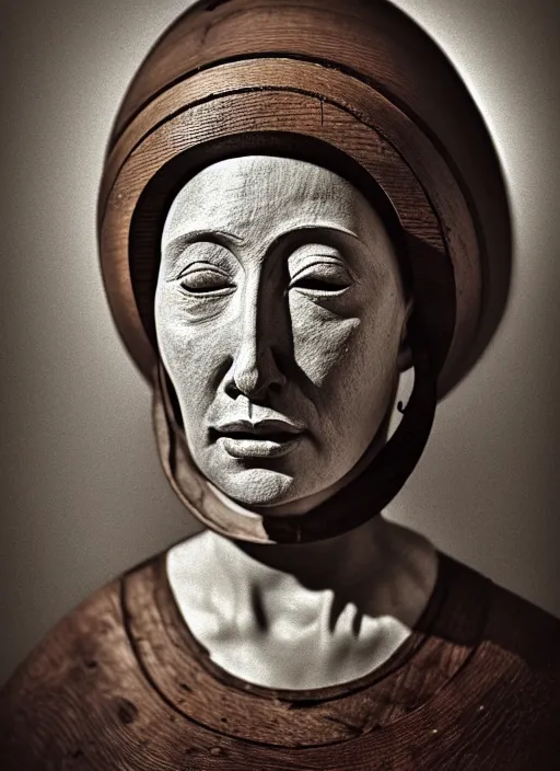 Image similar to realistic photo portrait of a a medieval wooden sculpture of a female monk dressed wearing in white spherical hat helmet made of wood, sci - fi, greyscale 1 9 9 0, life magazine photo, natural colors,