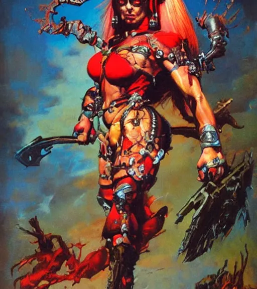 Image similar to portrait of strong female chaos angel, beautiful! coherent! by frank frazetta, by brom, strong line, vivid neon color, spiked scrap metal armor, iron helm maximalist