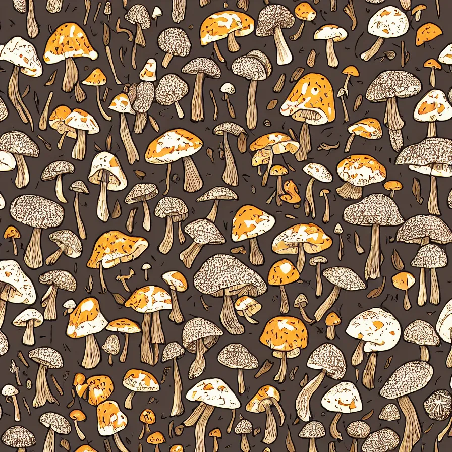 Prompt: macro photo with a mushroom characters and mycelium, very close to real nature, natural colors and natural surroundings, painted patterns and coloring on mushrooms, seamless fabric pattern 8K, highly detailed, cartoon