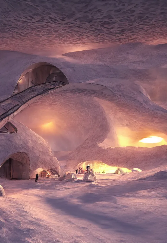 Image similar to Multiple tunnels in antartica with a transparent roof that shows a beautiful sunset, multiple people in the tunnels around campfires and futuristic igloos, facinating, fantasy digital art, octane render, beautiful composition, trending on artstation, award-winning photograph, masterpiece