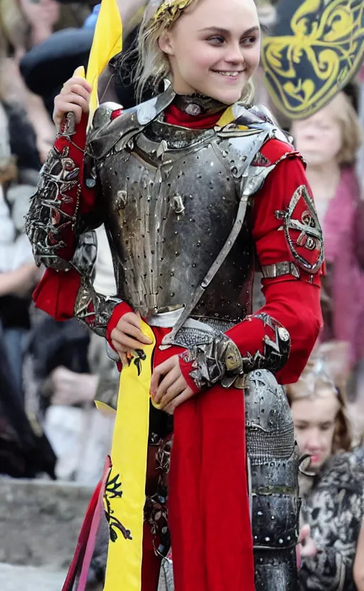 Image similar to annasophia robb wearing medieval armour, bowl haircut, holding fleur-de-lis banner