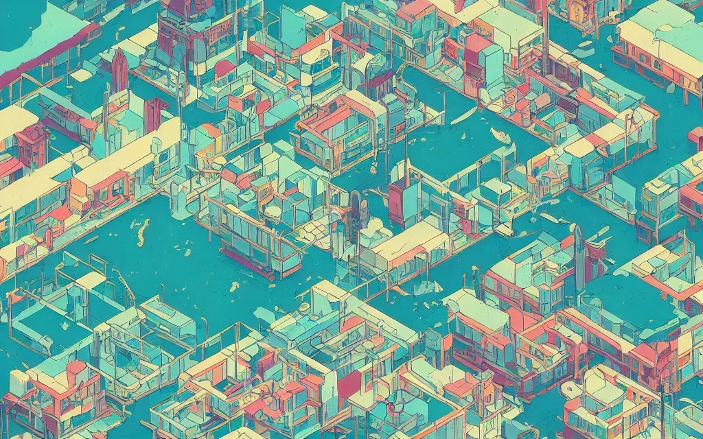 Image similar to a japanese city near the sea, lofi, dreamy, moody, very colorful, anime inspiration, ghibli vibe, very pixelart, hd, geometry, glitches, cybernetic, motherboard, technical, abstract