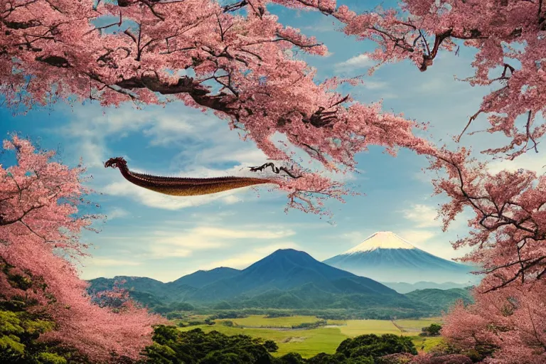Image similar to a full body dragon flying in the sky of the japanese countryside town in a summer afternoon, quiet, leisure, cherry blossoms on the full sky