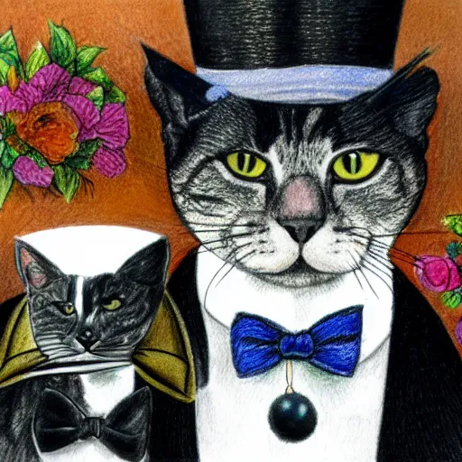 Image similar to portrait of grey tabby cat wearing a top hat and bow tie next to a black cat wearing a pearl necklace with flower headdress, detailed colored pencil drawing 4 k