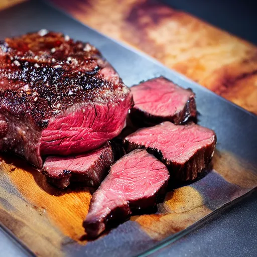 Prompt: explosion fireball sending meat everywhere wagyu steak gourmet food photography