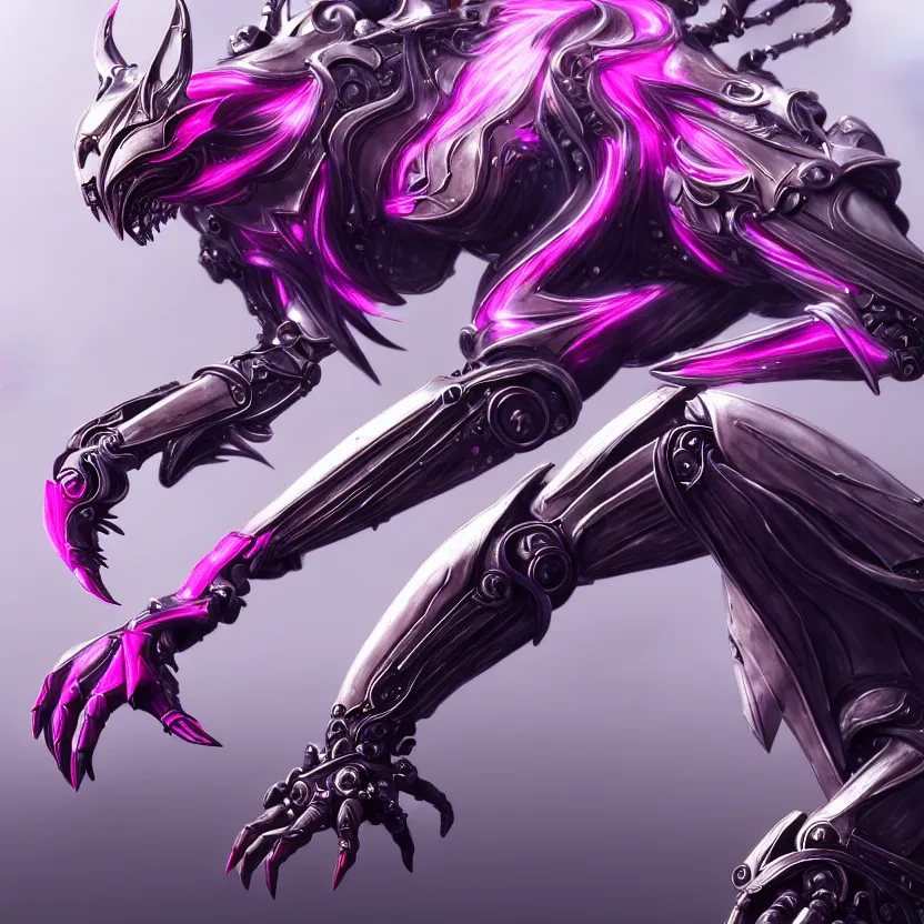 Image similar to highly detailed exquisite fanart, of a beautifulfemale warframe, but as an anthropomorphic robot dragon, shiny white silver armor engraved, Fuchsia skin beneath the armor, sharp claws, long tail, robot dragon hands and feet, elegant pose, close-up shot, full body shot, epic cinematic shot, professional digital art, high end digital art, singular, realistic, DeviantArt, artstation, Furaffinity, 8k HD render