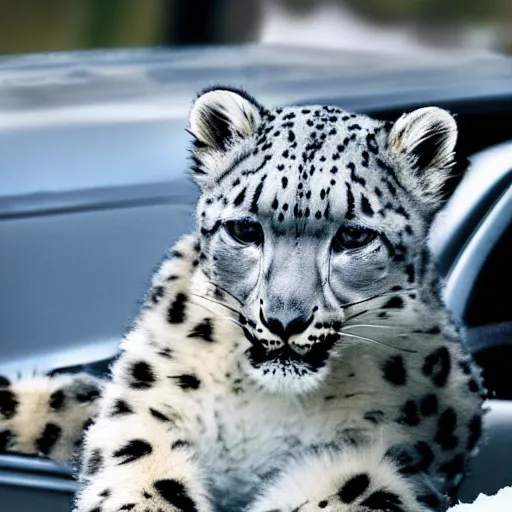 Prompt: snow leopard driving a car, professional photo