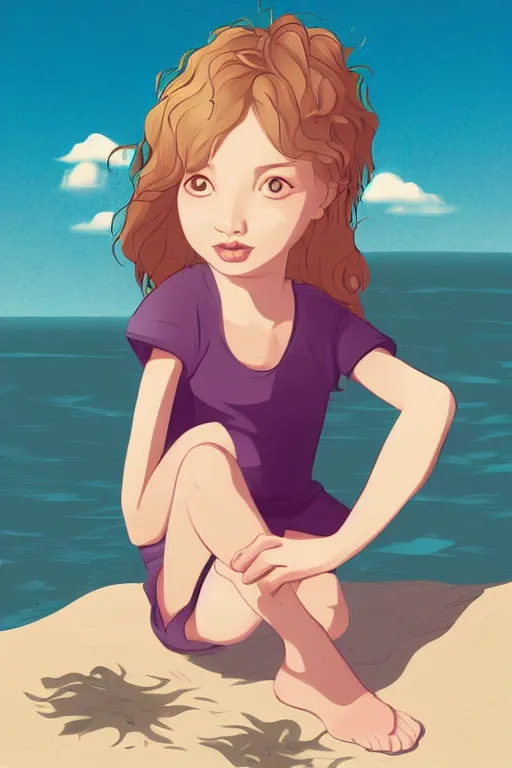 Image similar to a little girl sit beach. clean cel shaded vector art. illustration art by lois van baarle and helen huang and artgerm