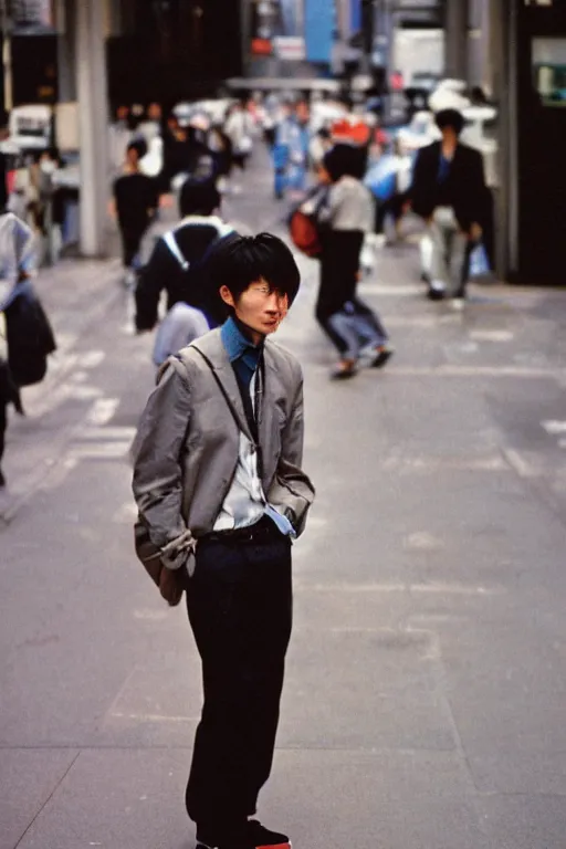 Prompt: street photography of a young japanese man in 9 0 s fashion, in tokyo shinjuku, shot on cinestill 5 0 d with a canon 3 5 mm at f / 5. 6 lens, haruto hoshi, yang seung - woo, saul leiter