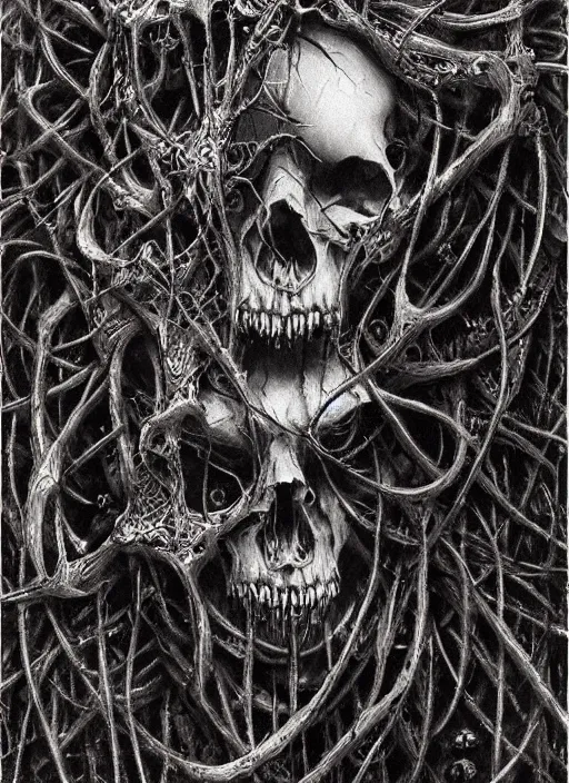 Image similar to cyberpunk skull, ivy, death, intricate detail by zdislaw beksinski