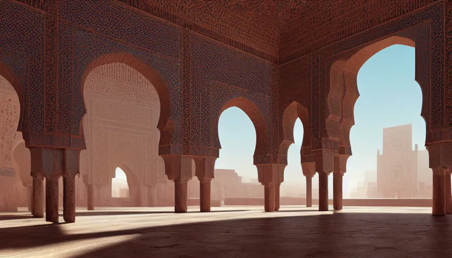 Image similar to the inside of a monument with moroccan motifs, by tim blandin and arthur haas and bruce pennington and john schoenherr, big windows architecture by zaha hadid, octane render, cinematic, scenery, cgsociety, modernism, futuristic, trending on artstation, sci - fi, high detail, high quality, close up angle, people walking