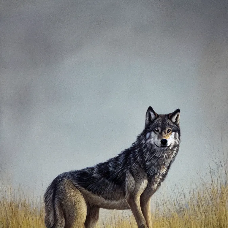 Image similar to Majestic wolf on the heath, portrait. Rough brushstrokes. Beautiful scene. Muted natural colour scheme. Beautiful artistic painting by Lurid (2022)